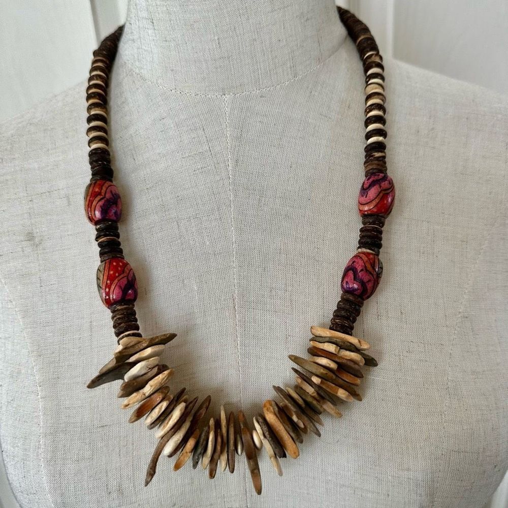 long coconut chip bead statment necklace